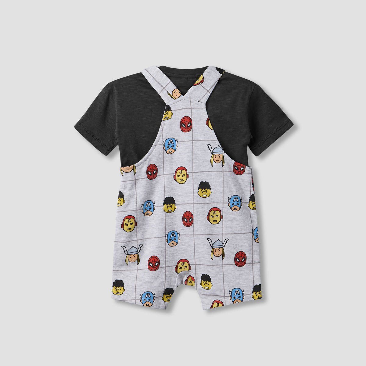 Crew Neck Short Sleeves T-shirt and Dungaree Set with Avengers Print