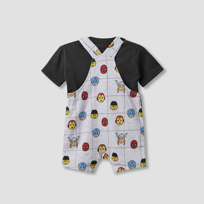 Crew Neck Short Sleeves T-shirt and Dungaree Set with Avengers Print