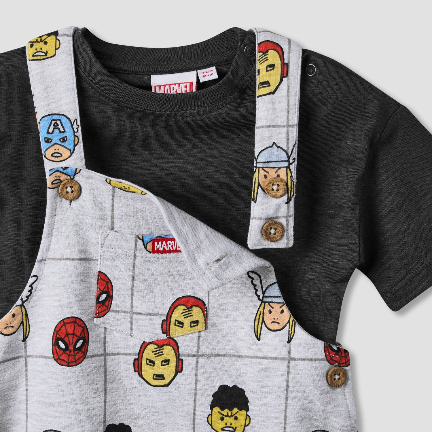 Crew Neck Short Sleeves T-shirt and Dungaree Set with Avengers Print