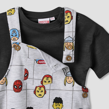 Crew Neck Short Sleeves T-shirt and Dungaree Set with Avengers Print