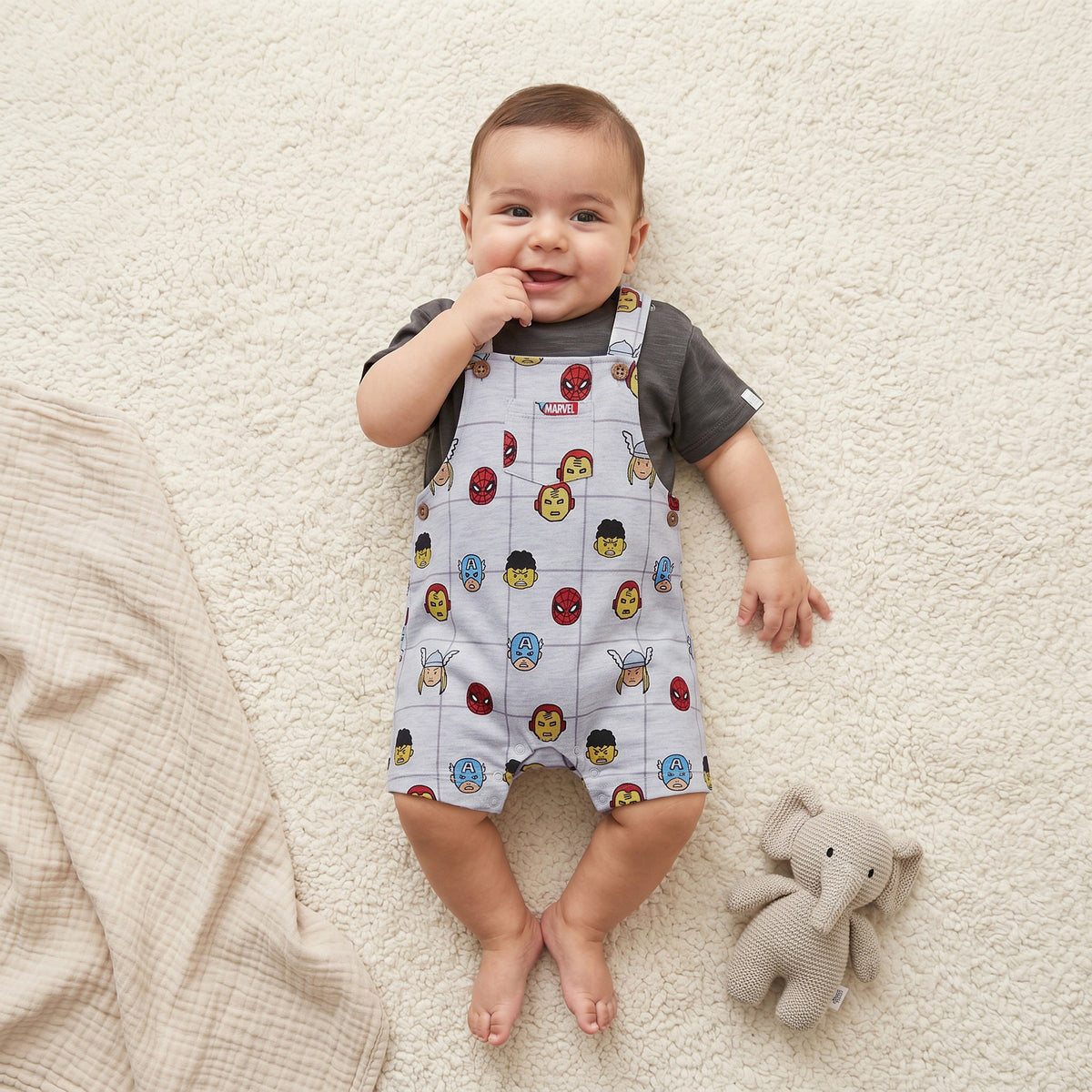 Crew Neck Short Sleeves T-shirt and Dungaree Set with Avengers Print