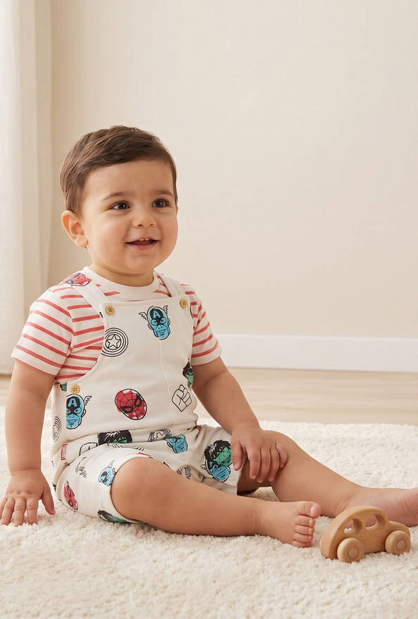 Crew Neck Short Sleeves T-shirt and Dungaree Set with Avengers Print