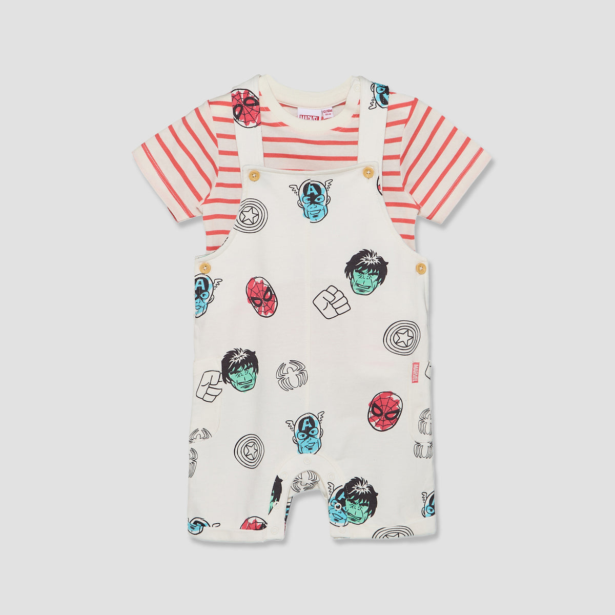 Crew Neck Short Sleeves T-shirt and Dungaree Set with Avengers Print