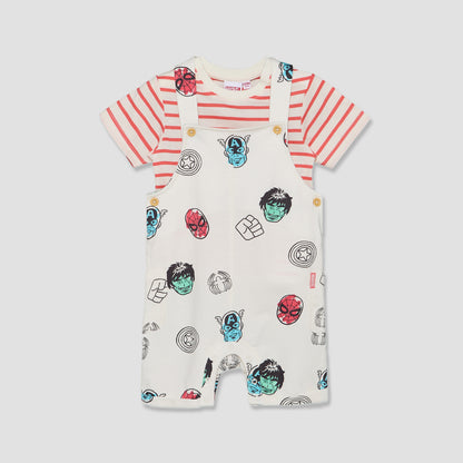 Crew Neck Short Sleeves T-shirt and Dungaree Set with Avengers Print