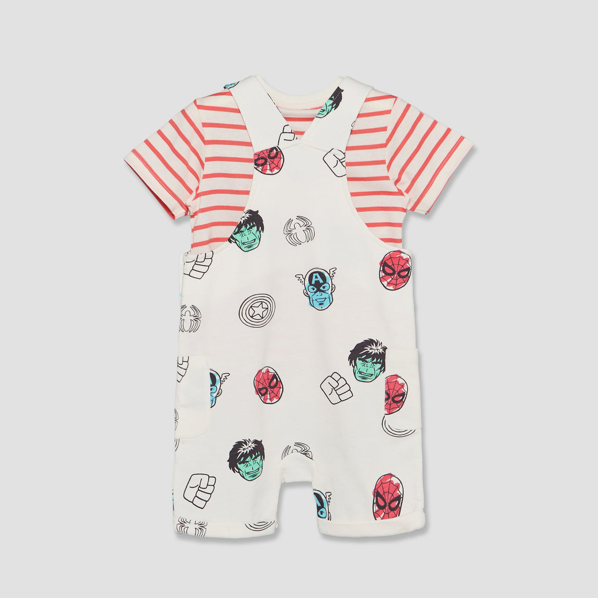 Crew Neck Short Sleeves T-shirt and Dungaree Set with Avengers Print
