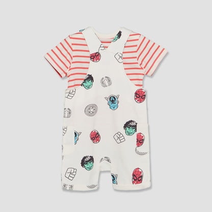 Crew Neck Short Sleeves T-shirt and Dungaree Set with Avengers Print