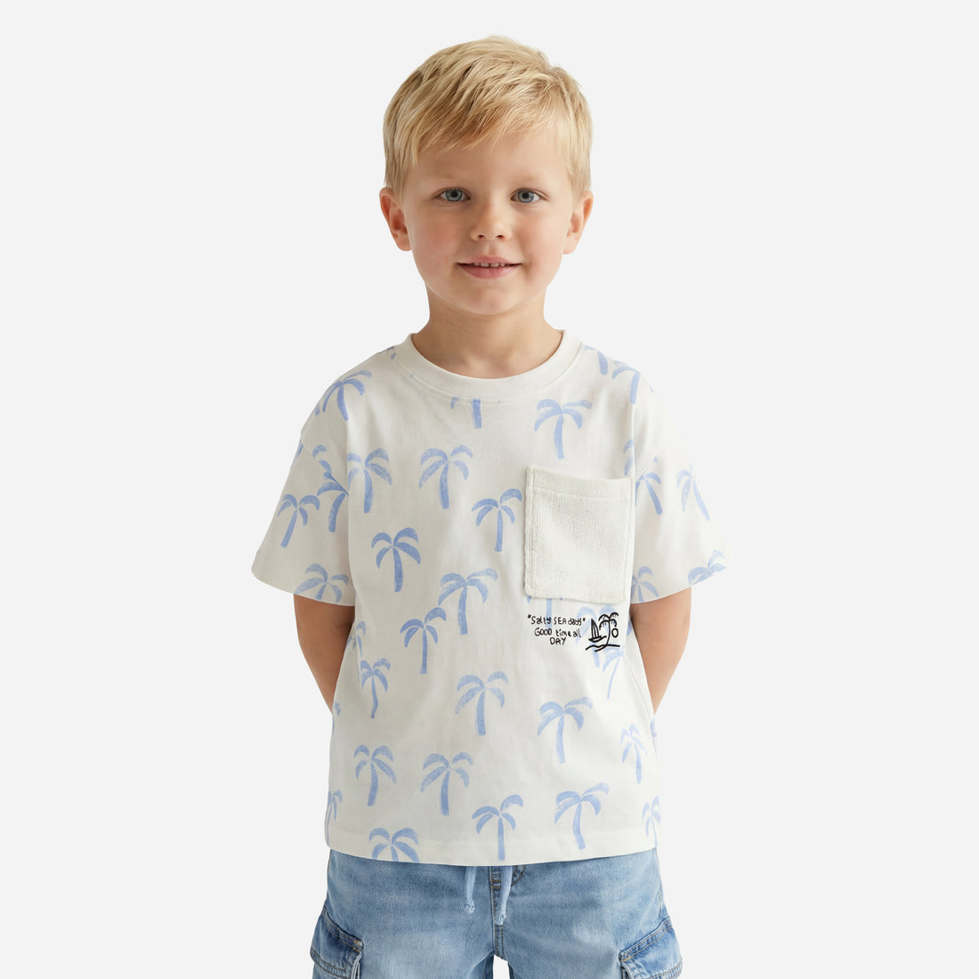 Juniors Crew Neck Short Sleeves T-shirt with Palm Tree Print - Cream / 1-2 yrs