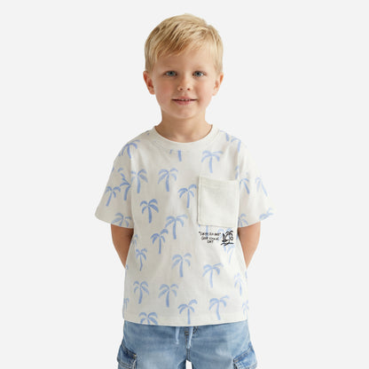 Juniors Crew Neck Short Sleeves T-shirt with Palm Tree Print - Cream / 1-2 yrs