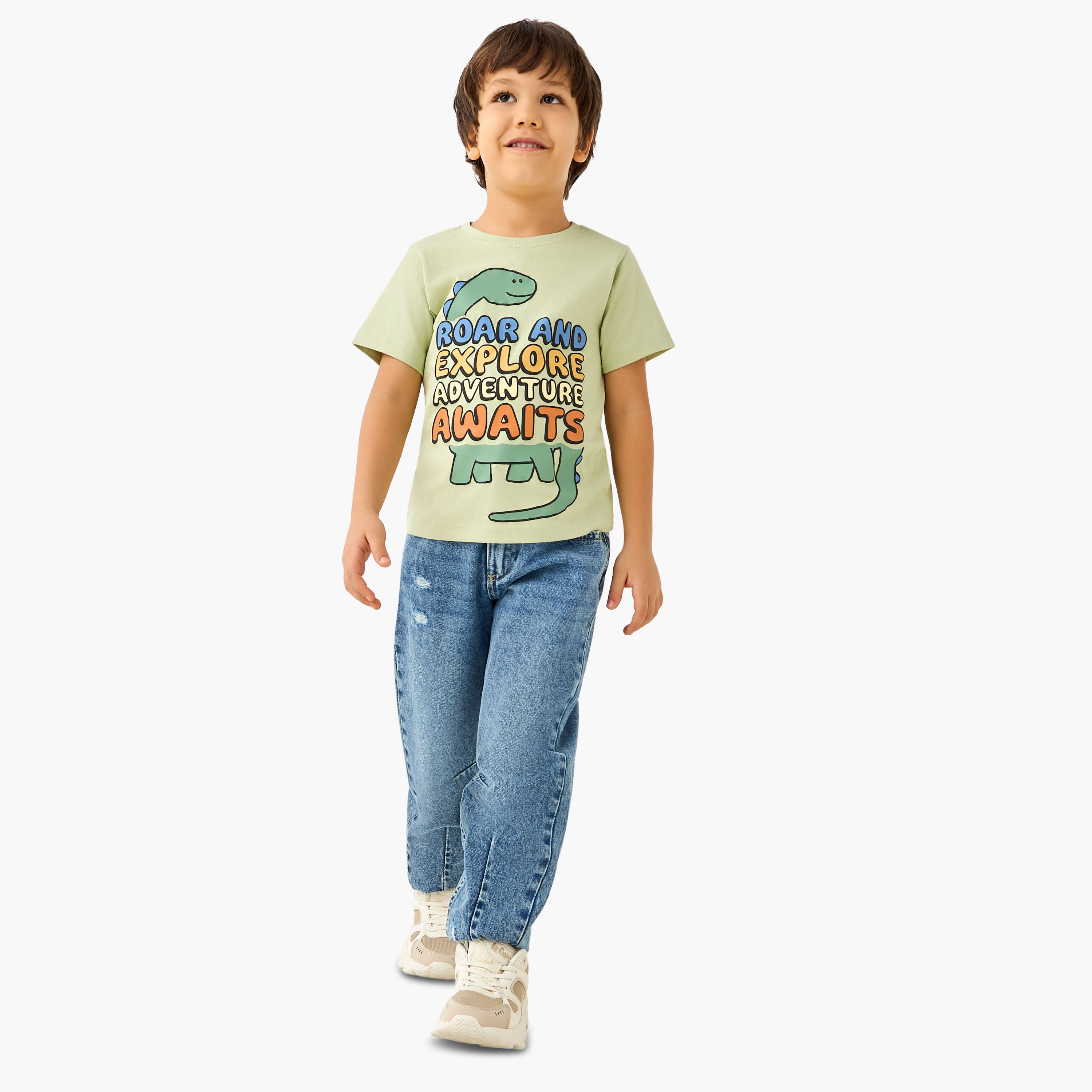 Juniors Crew Neck Short Sleeve T-shirt with Dinosaur Print