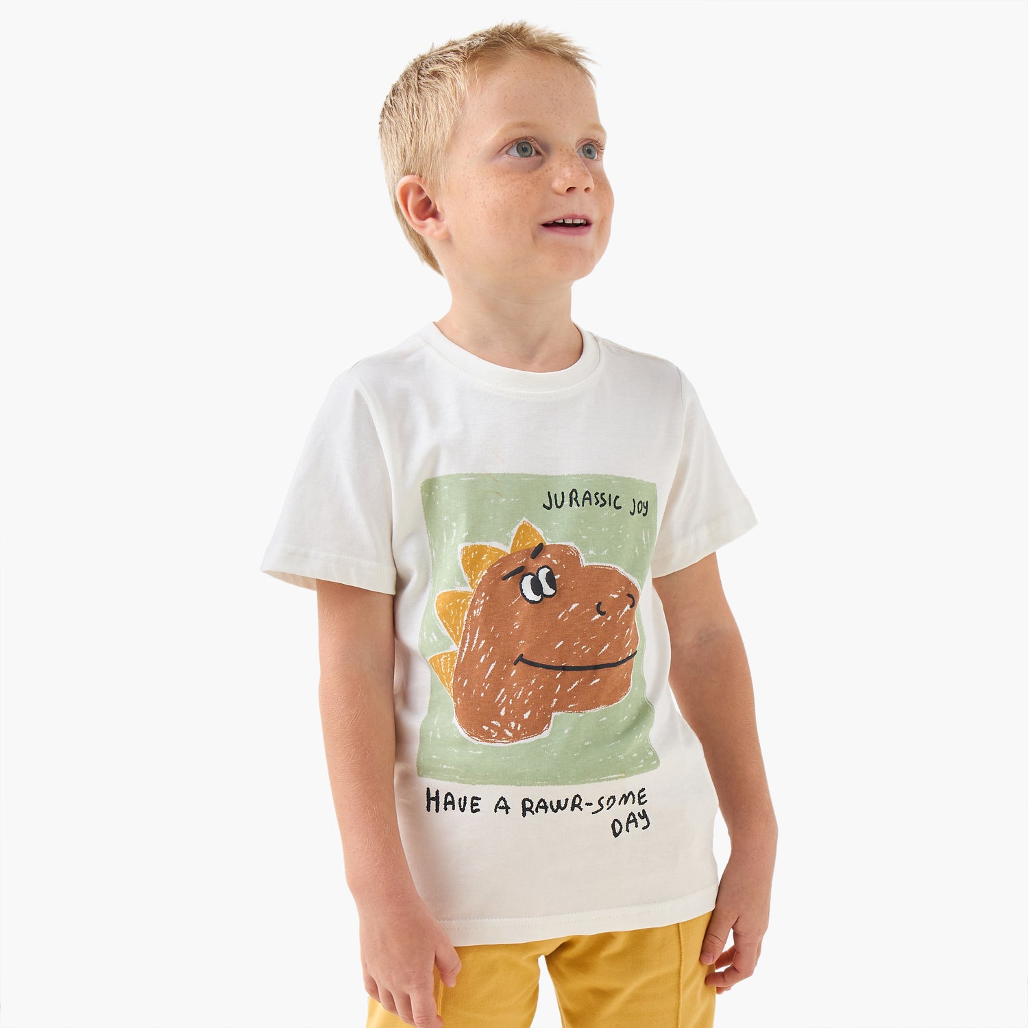 Juniors Crew Neck Short Sleeves T-shirt with Dino Print - White / 1-2 yrs