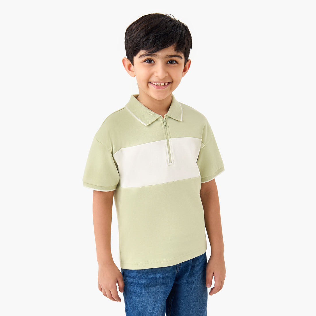 Juniors Collared Short Sleeves Polo T-shirt with Colourblock Design - Green / 1-2 yrs