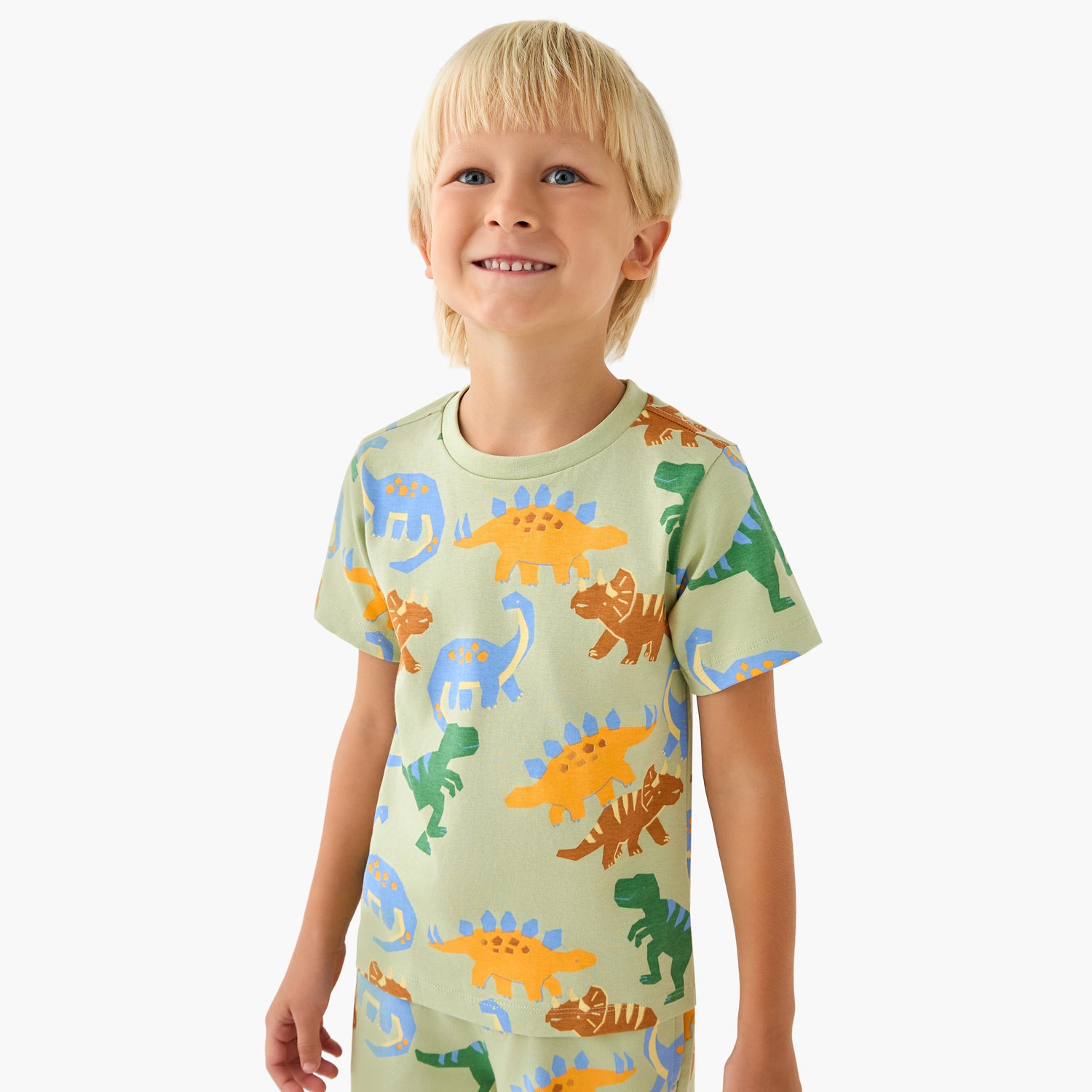 Juniors Crew Neck Short Sleeves T-shirt with Dinosaur Print - Green / 1-2 yrs