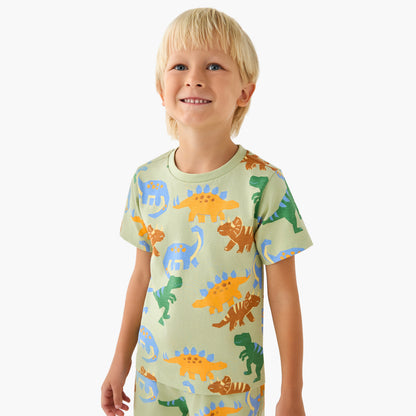 Juniors Crew Neck Short Sleeves T-shirt with Dinosaur Print - Green / 1-2 yrs