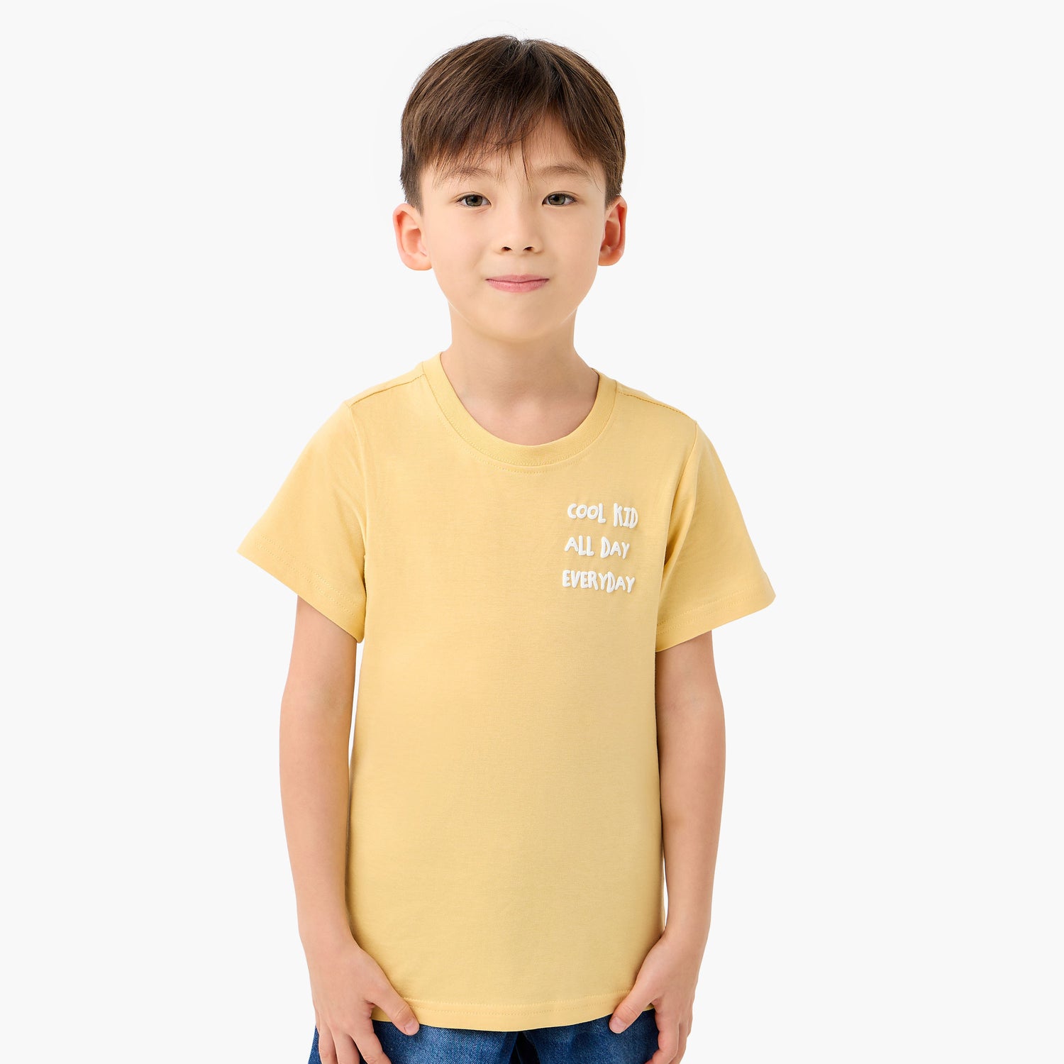 Juniors Boys Crew Neck T-shirt with Slogan Print - Cotton - Short Sleeves - Yellow / 1-2 yrs