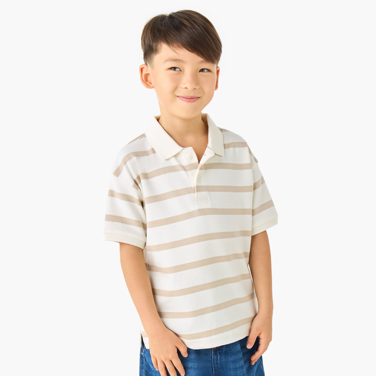 Juniors Collared Short Sleeves Polo T-shirt with Stripes - Cream / 1-2 yrs