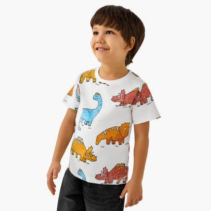 Juniors Crew Neck Short Sleeve T-shirt with Dinosaur Print - White / 1-2 yrs