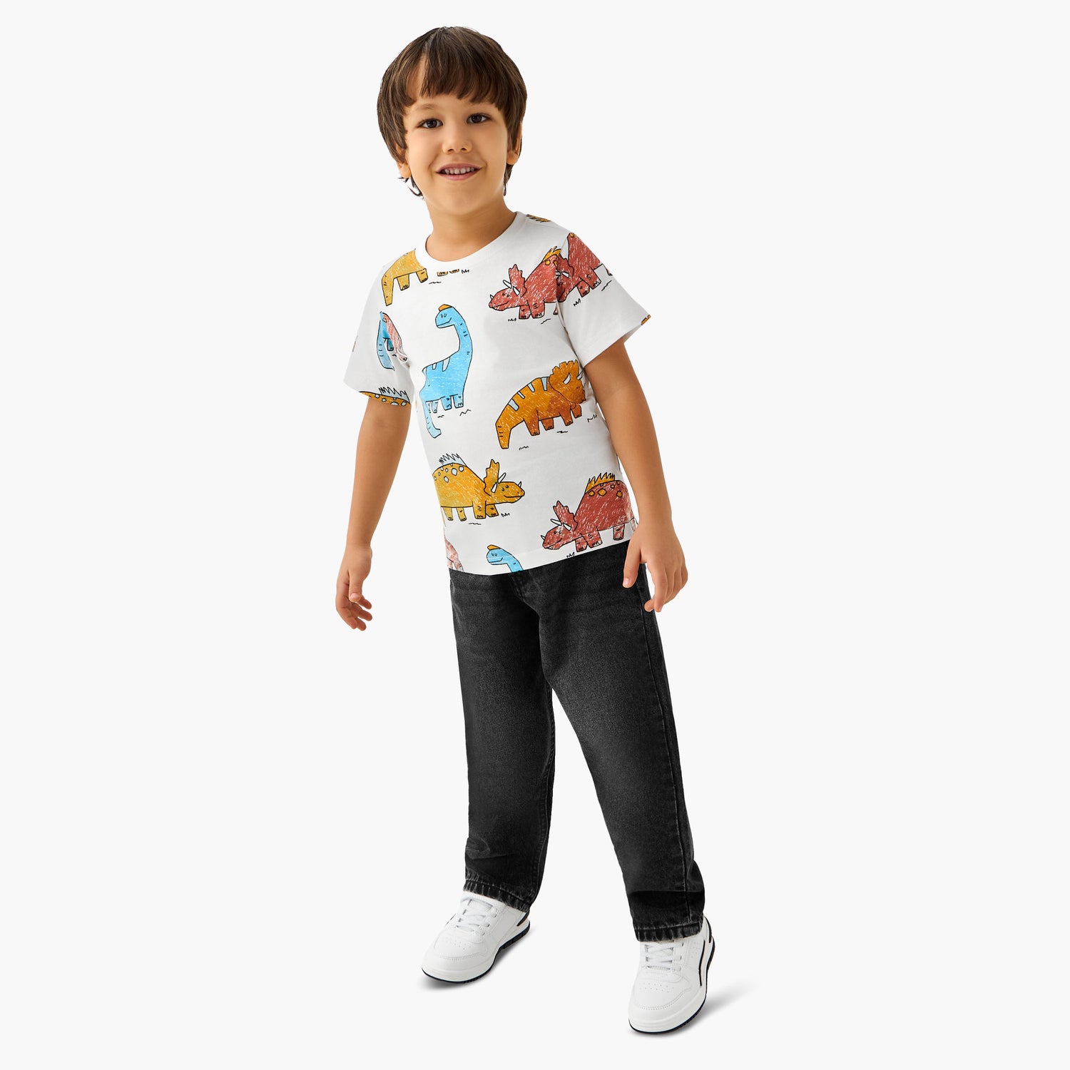 Juniors Crew Neck Short Sleeve T-shirt with Dinosaur Print