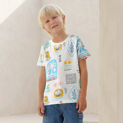 Juniors Round Neck Short Sleeves T-shirt with Graphic Print - White / 1-2 yrs