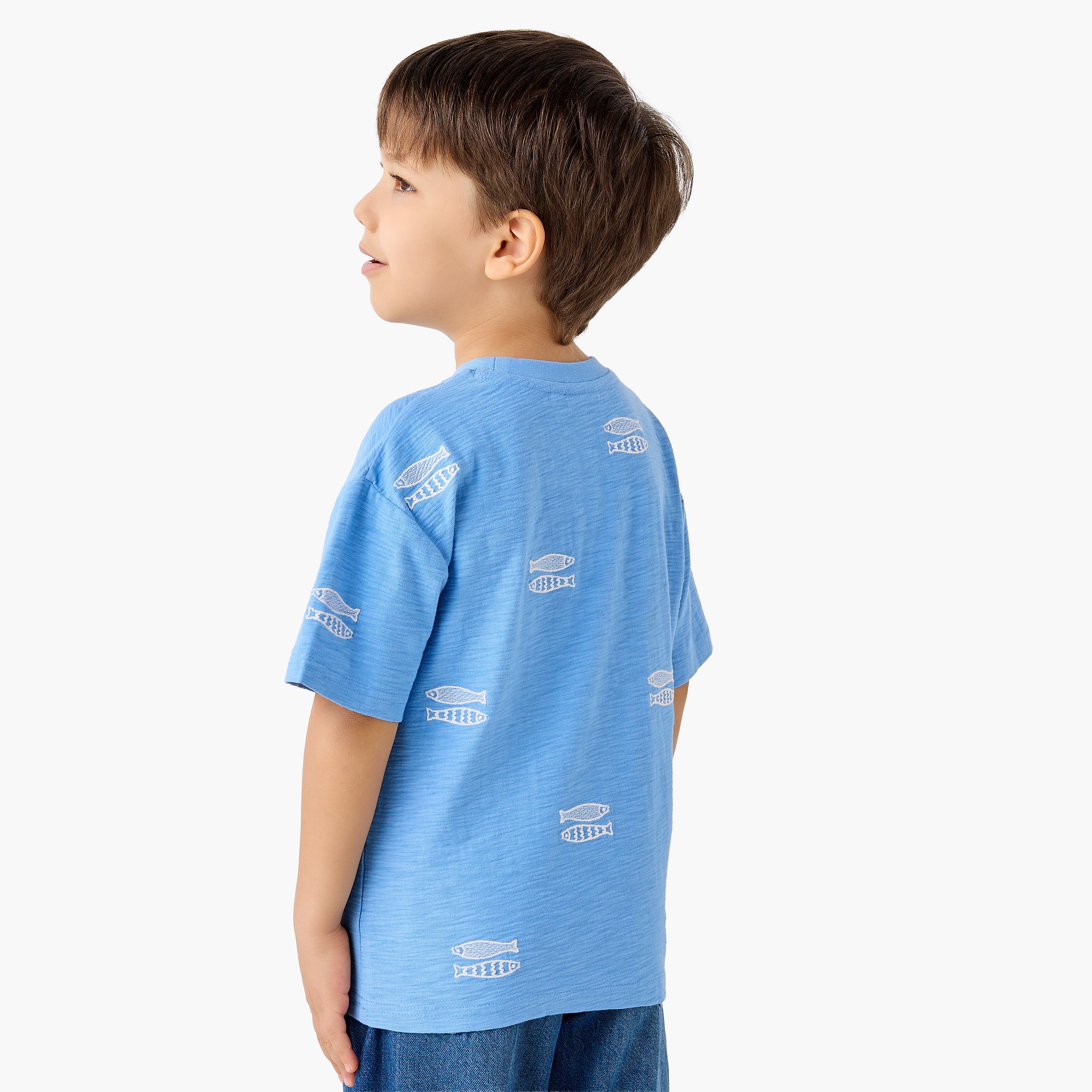 Juniors Crew Neck Short Sleeves T-shirt with Fish Embroidery