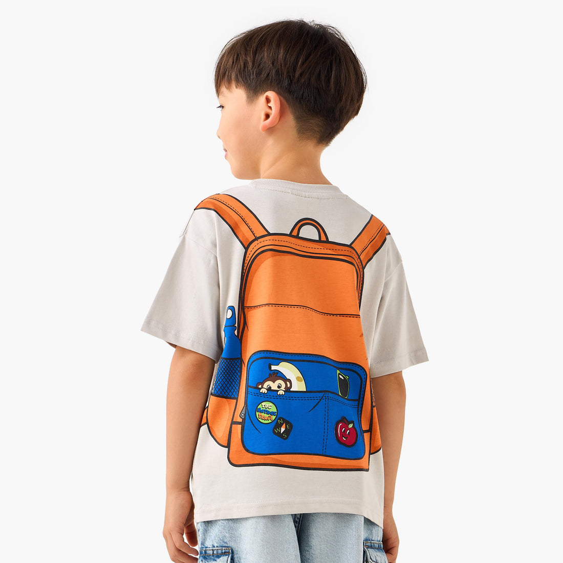 Juniors Crew Neck Short Sleeve T-shirt with Backpack Print - Grey / 1-2 yrs