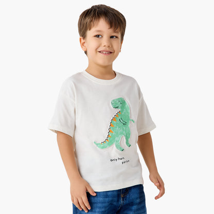 Juniors Crew Neck Short Sleeves T-shirt with Dinosaur Embossed - White / 1-2 yrs