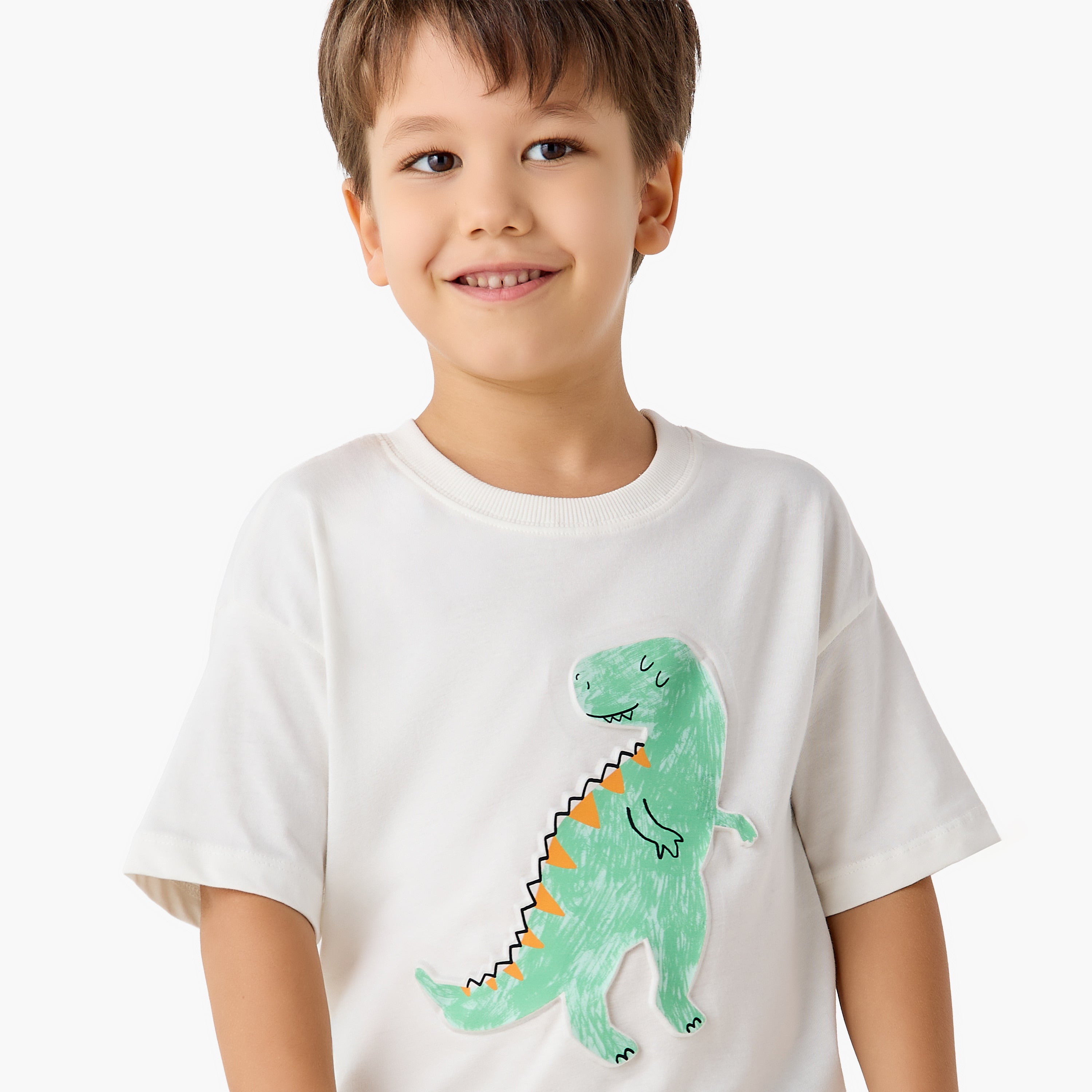 Juniors Crew Neck Short Sleeves T-shirt with Dinosaur Embossed