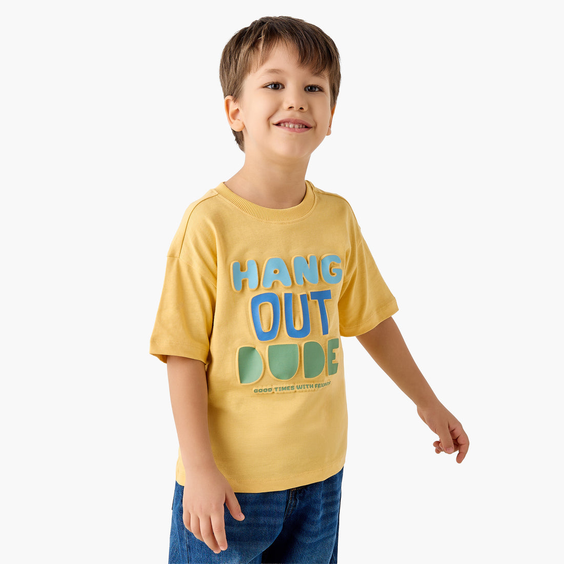 Juniors Crew Neck Short Sleeves T-shirt with Slogan Embossed - Yellow / 1-2 yrs