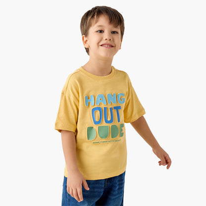 Juniors Crew Neck Short Sleeves T-shirt with Slogan Embossed - Yellow / 1-2 yrs