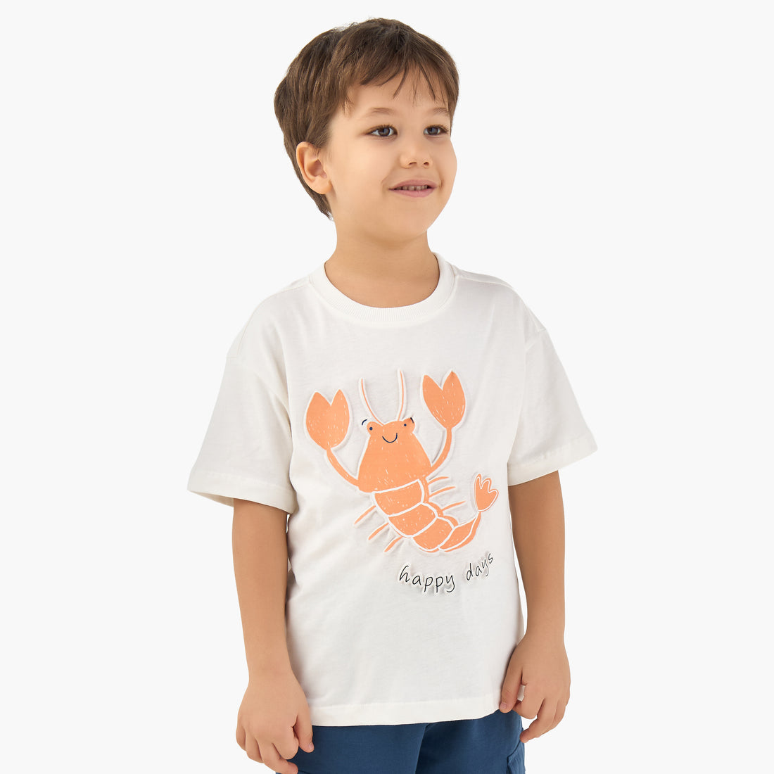 Juniors Crew Neck Short Sleeves T-shirt with Lobster Embossed Design - White / 1-2 yrs