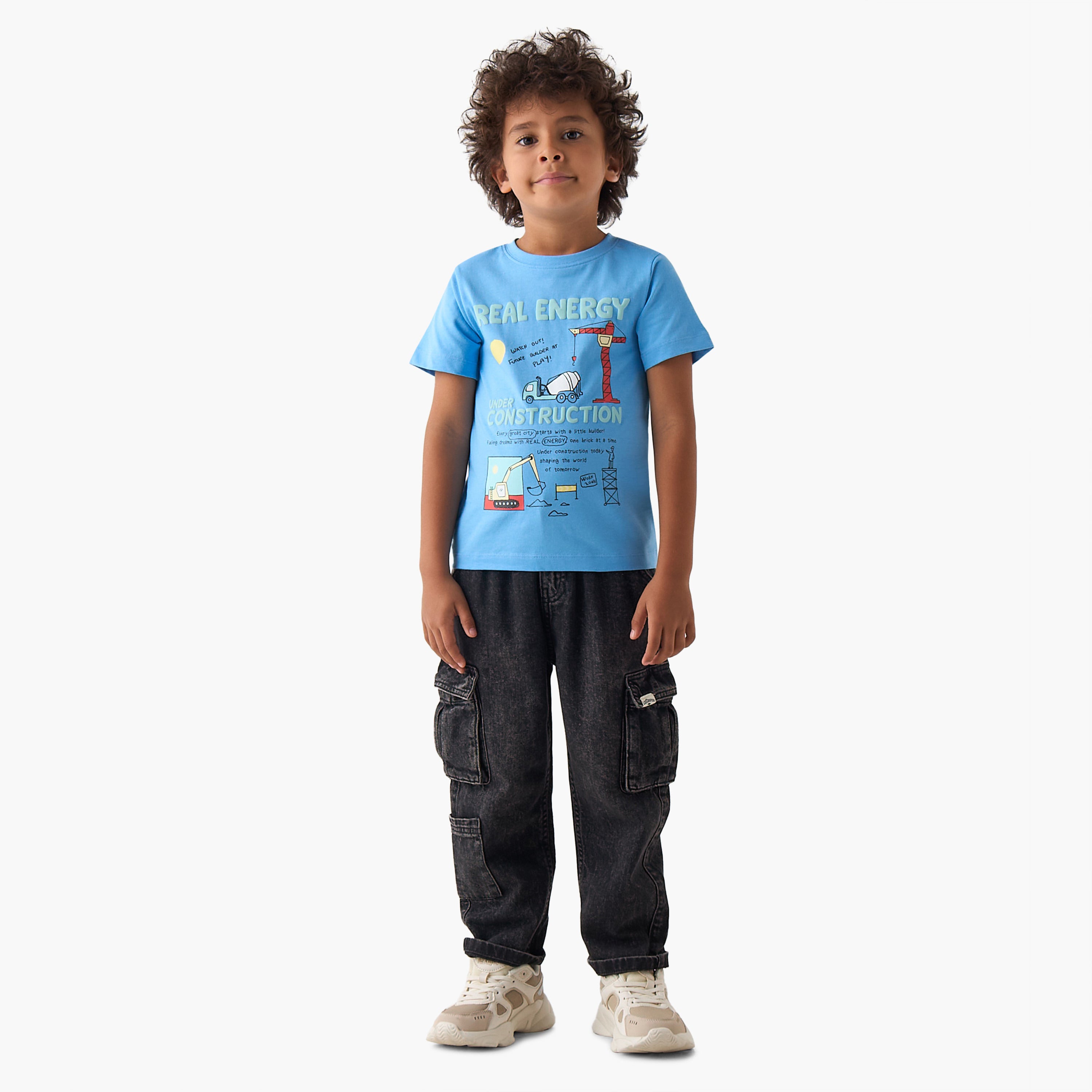 Juniors Crew Neck Short Sleeves T-shirt with Construction Print