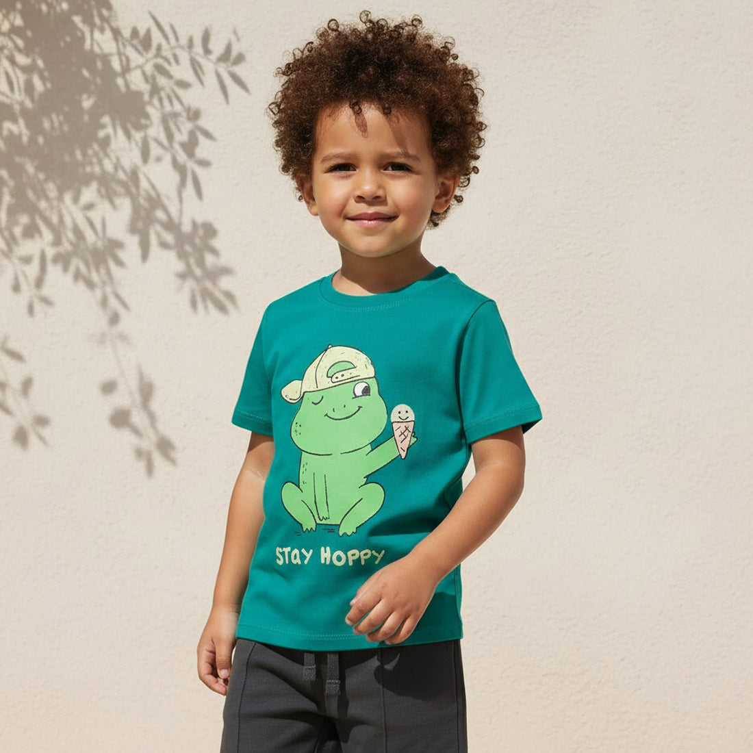 Juniors Crew Neck Short Sleeves T-shirt with Frog Print - Green / 1-2 yrs