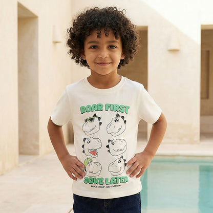 Juniors Crew Neck Short Sleeve T-shirt with Dinosaur Print - White / 1-2 yrs
