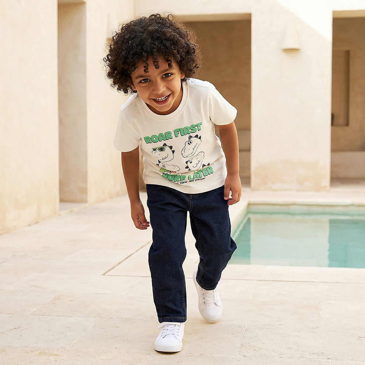 Juniors Crew Neck Short Sleeve T-shirt with Dinosaur Print