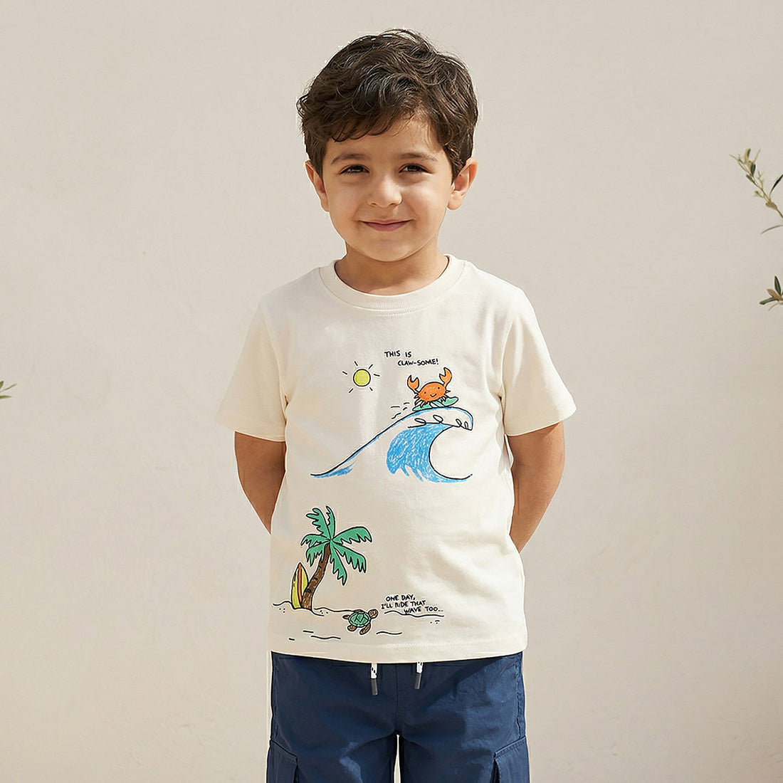 Juniors Crew Neck Short Sleeves T-shirt with Beach Print - White / 1-2 yrs