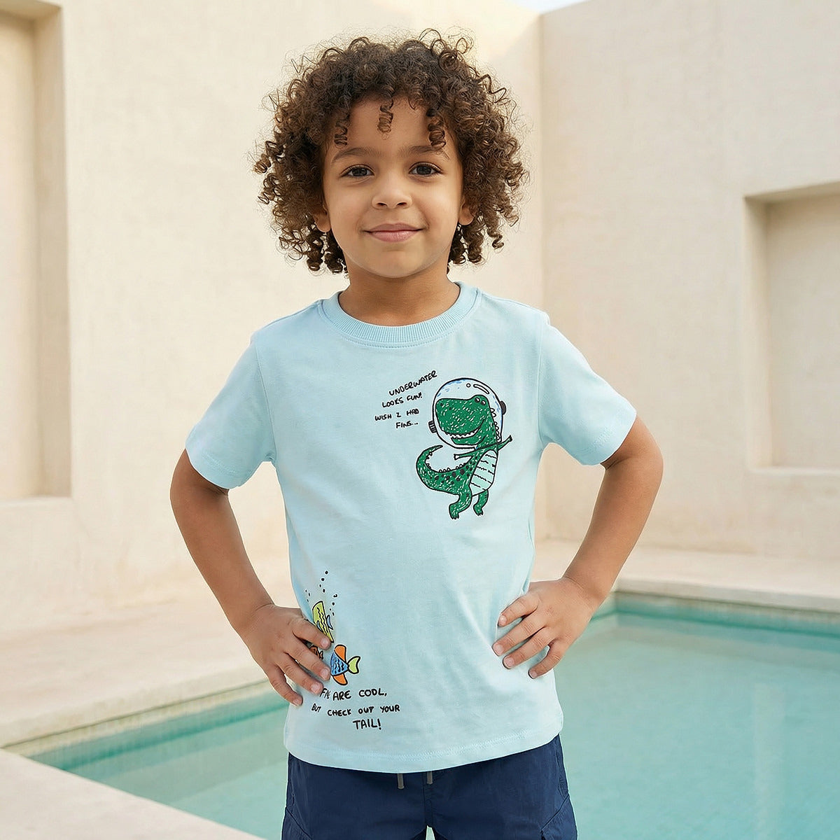 Juniors Crew Neck Short Sleeve T-shirt with Underwater Print - Blue / 1-2 yrs