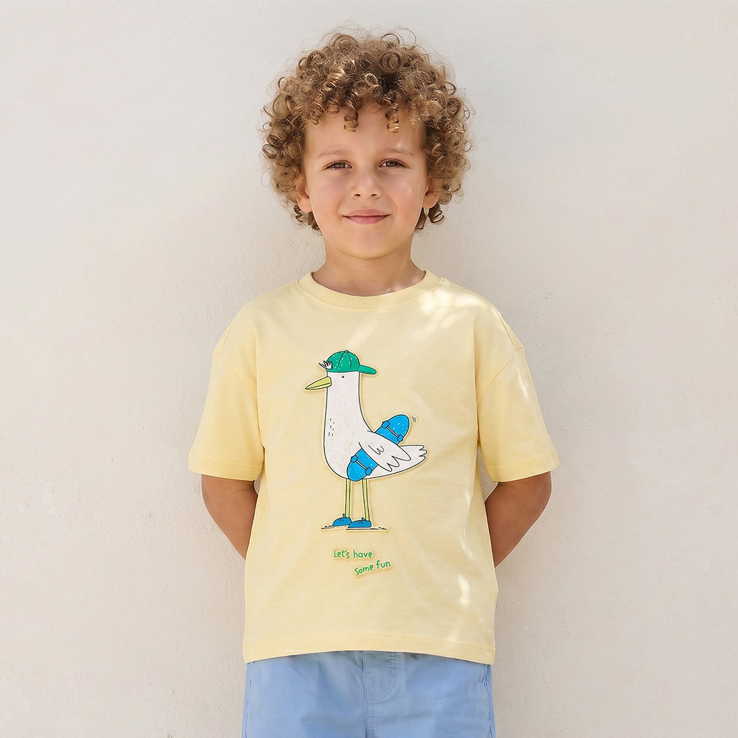 Juniors Crew Neck Short Sleeves T-shirt with Seagull Embossed Print - Yellow / 1-2 yrs