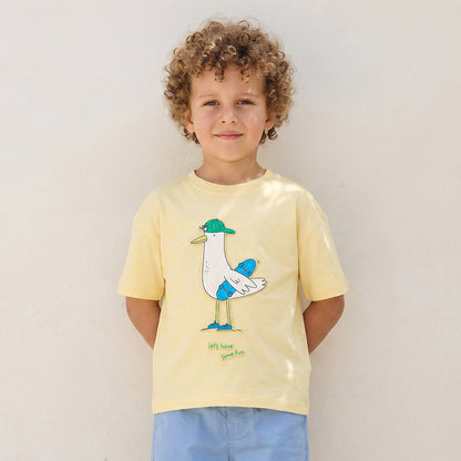 Juniors Crew Neck Short Sleeves T-shirt with Seagull Embossed Print - Yellow / 1-2 yrs