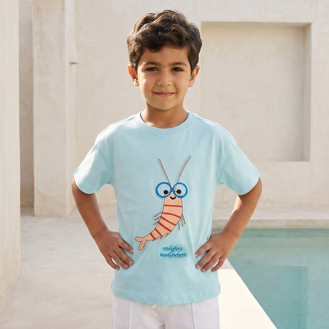 Juniors Crew Neck Short Sleeves T-shirt with Shrimp Print - Blue / 1-2 yrs