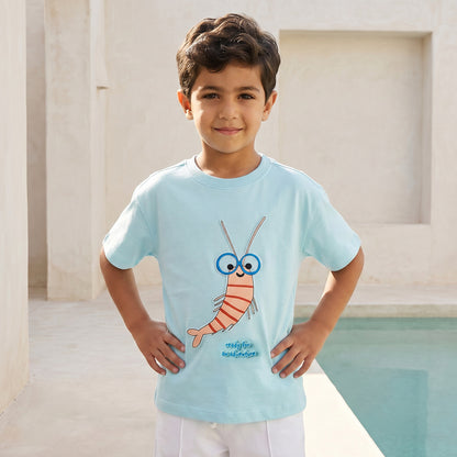 Juniors Crew Neck Short Sleeves T-shirt with Shrimp Print - Blue / 1-2 yrs