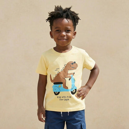 Juniors Crew Neck Short Sleeves T-shirt with Dinosaur Print - Yellow / 1-2 yrs