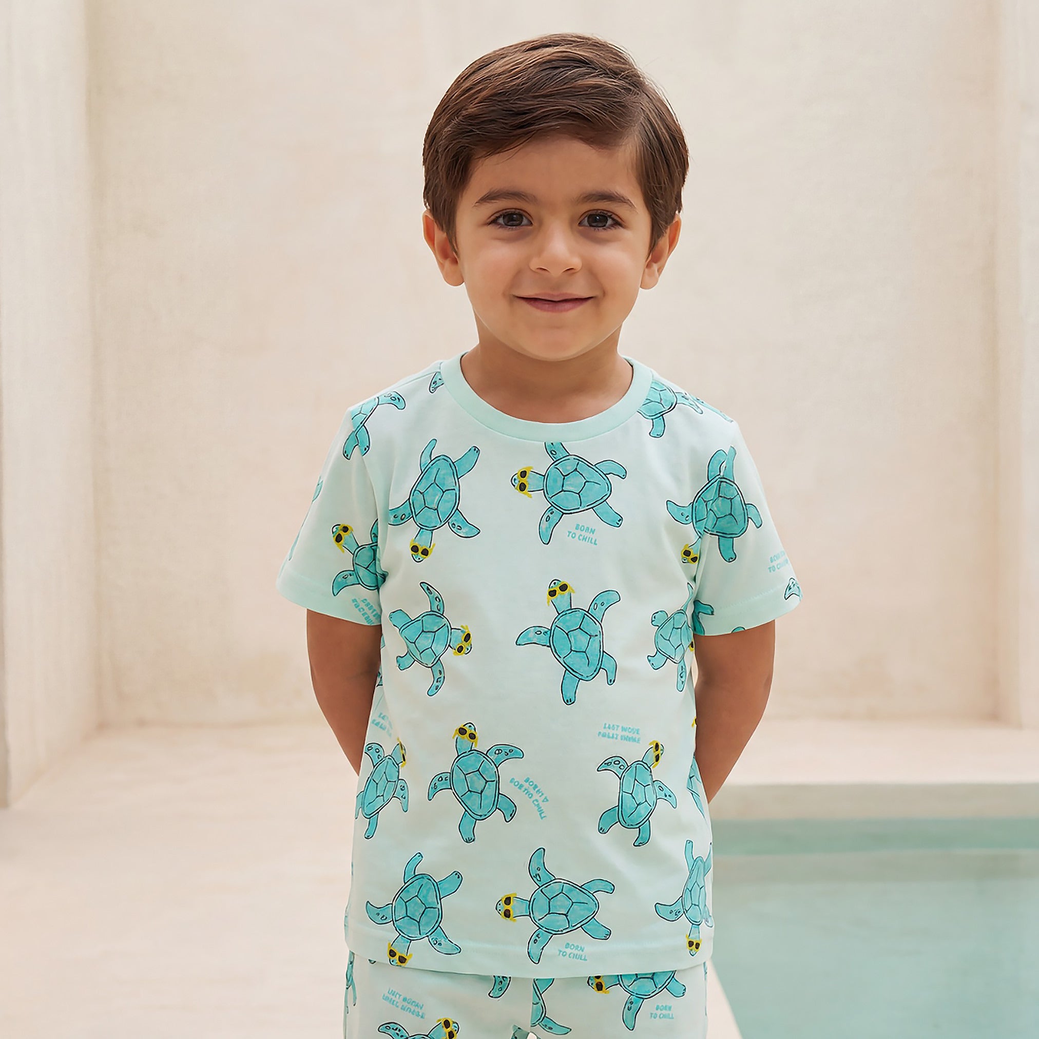 Juniors Crew Neck Short Sleeves T-shirt with Turtle Print - Blue / 1-2 yrs
