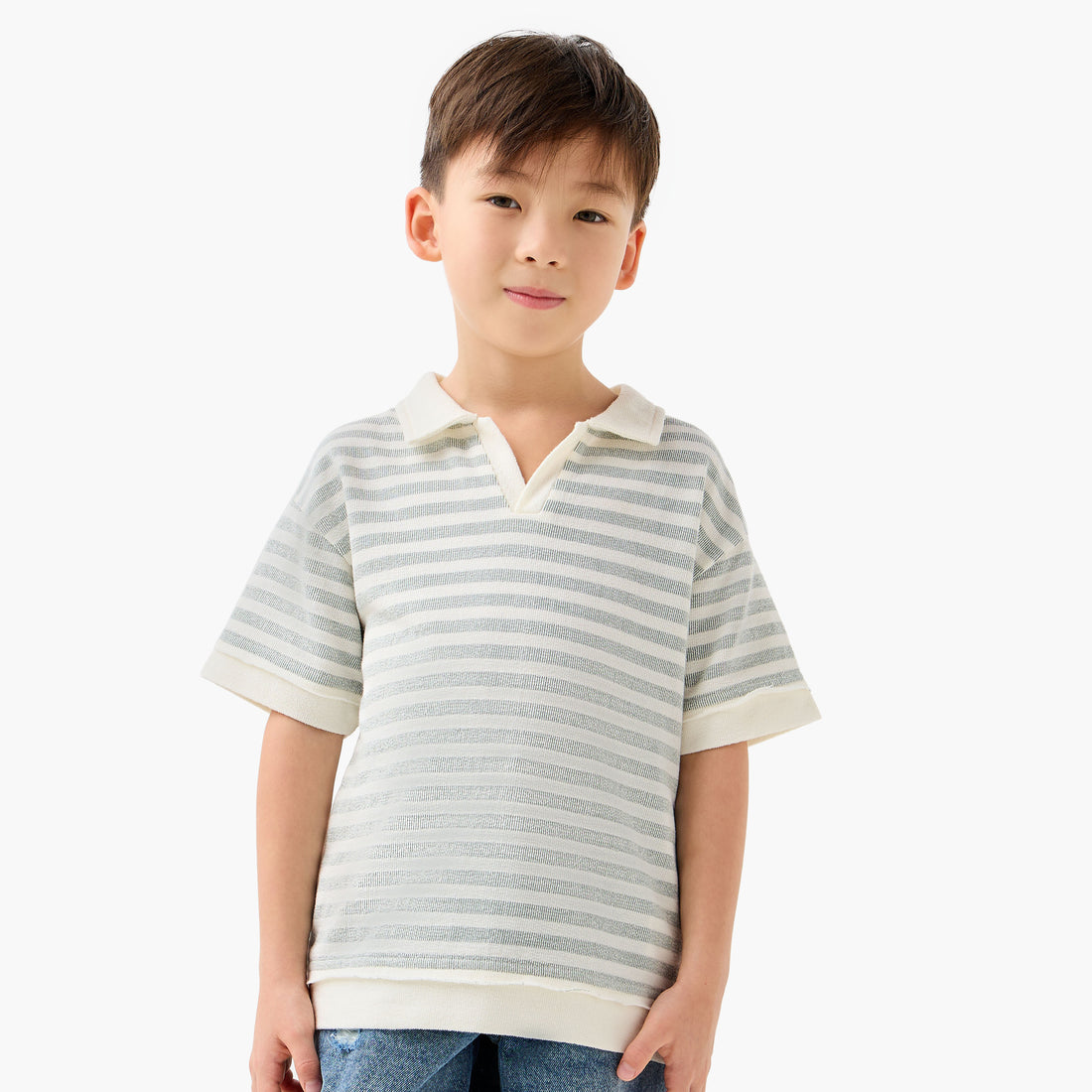 Juniors Collared Short Sleeves Polo T-shirt with Stripes - Cream / 1-2 yrs