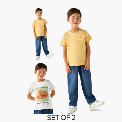 Pack of 2 Juniors Round Neck Short Sleeves T-shirt with Assorted Print - Multicolour / 1-2 yrs