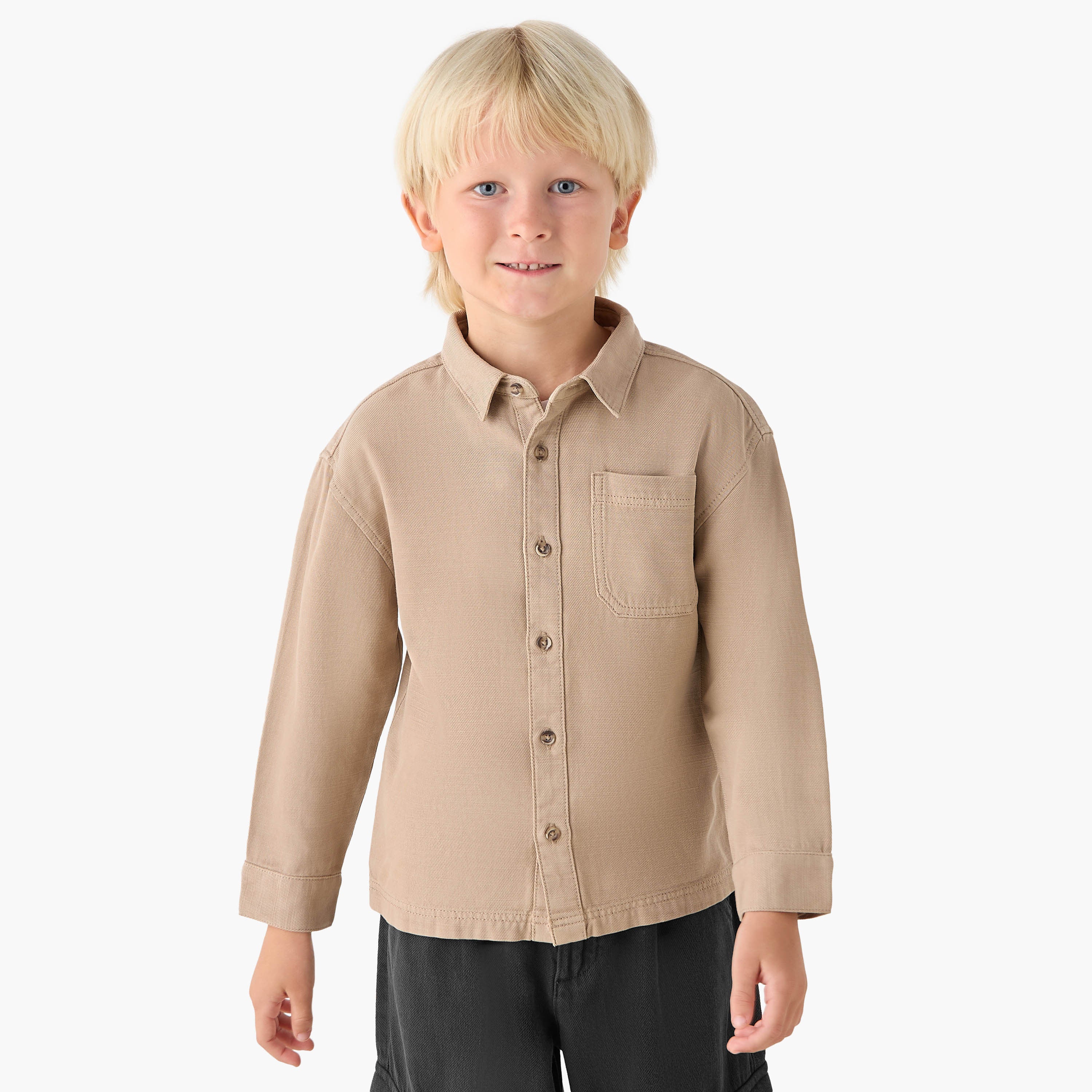 Juniors Long Sleeves Shirt with Chest Pocket - Beige / 1-2 yrs