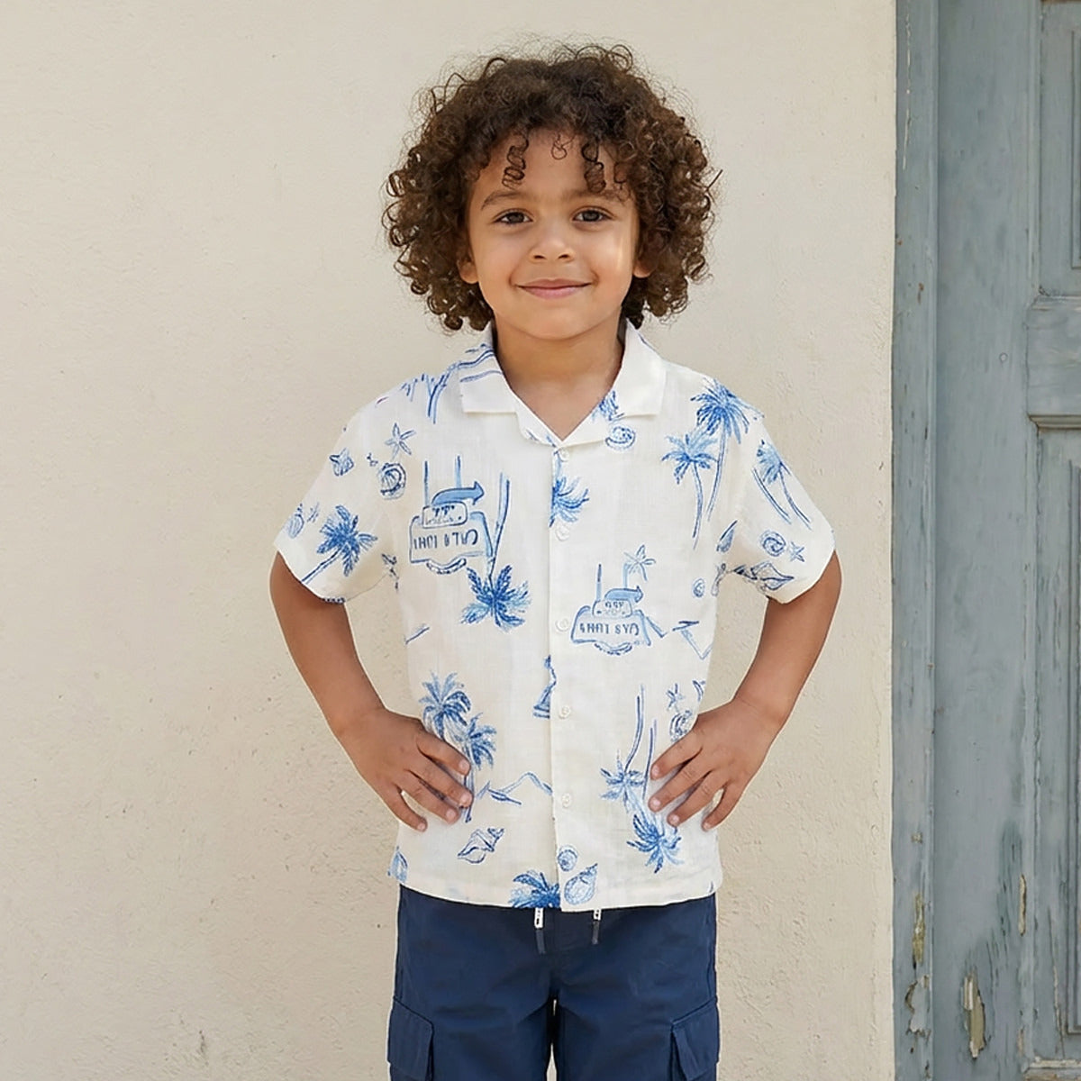 Juniors Short Sleeves Shirt with Beach Print - White / 1-2 yrs