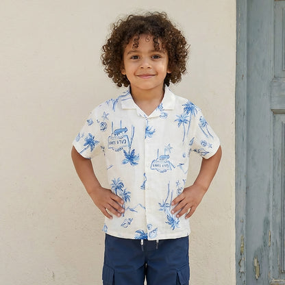 Juniors Short Sleeves Shirt with Beach Print - White / 1-2 yrs