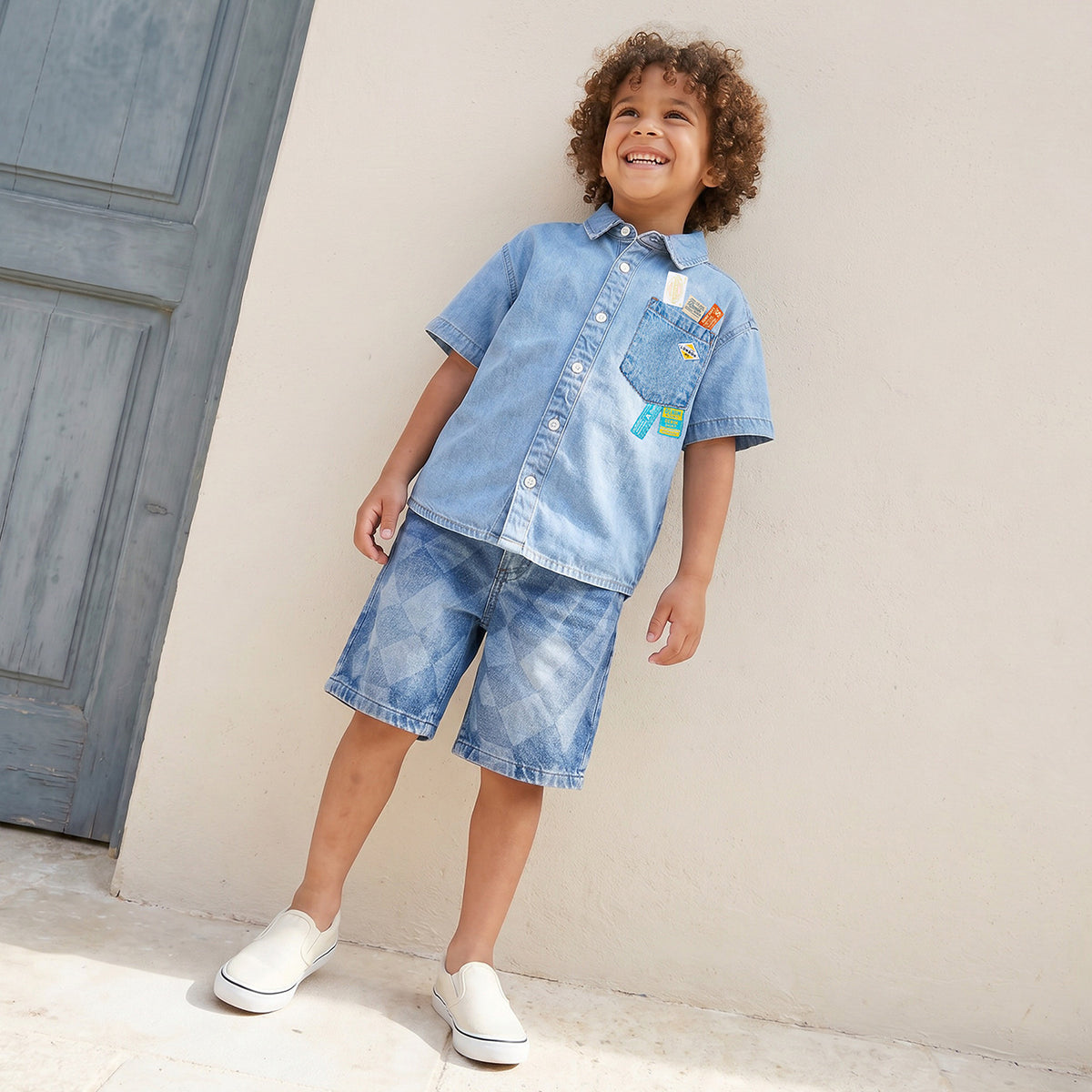 Juniors Short Sleeves Denim Shirt with Applique Detail