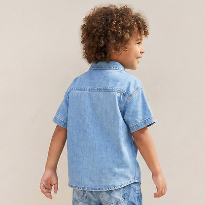 Juniors Short Sleeves Denim Shirt with Applique Detail