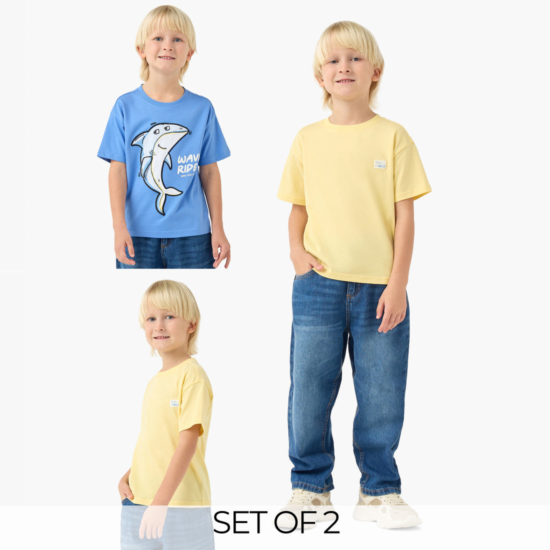 Pack of 2 Juniors Crew Neck Short Sleeves T-shirt with Assorted Design - Multicolour / 1-2 yrs