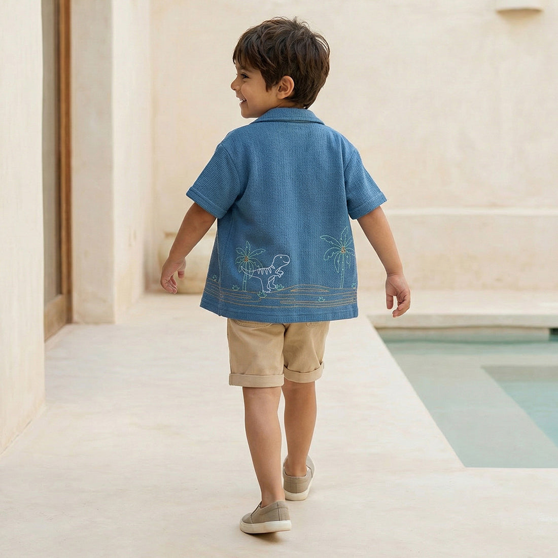 Juniors Short Sleeves Shirt with Dinosaur Embroidery - Blue / 1-2 yrs